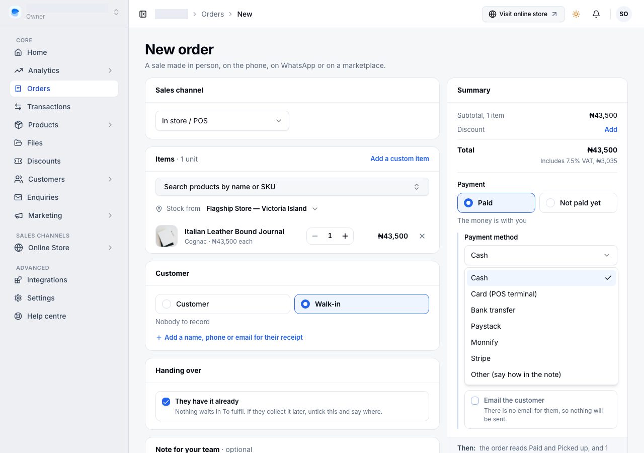 A walk-in's payment method, from Cash to Other