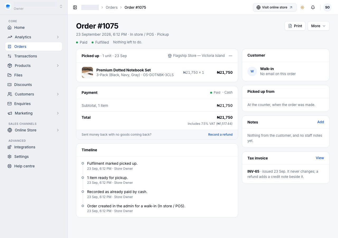 A counter sale once created: paid, picked up, and nothing left to do