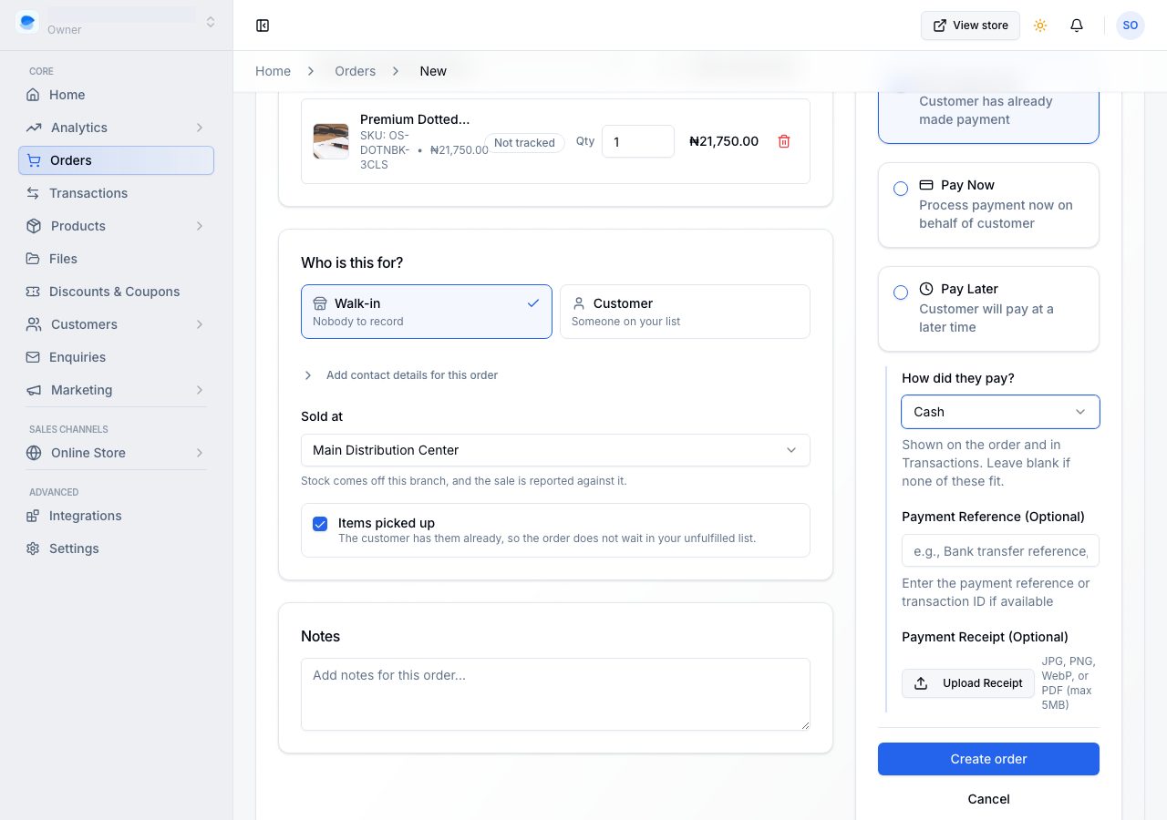 The finished form, an already-paid cash sale