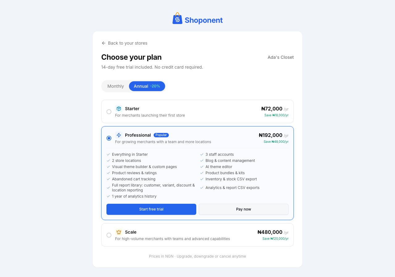 Choose your plan, Annual selected, Professional open with Start free trial and Pay now