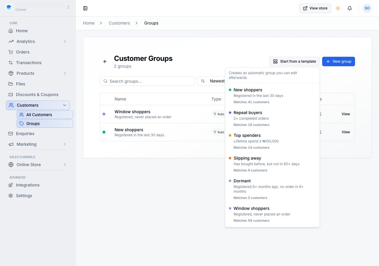 The template list, each showing how many of your customers it matches today