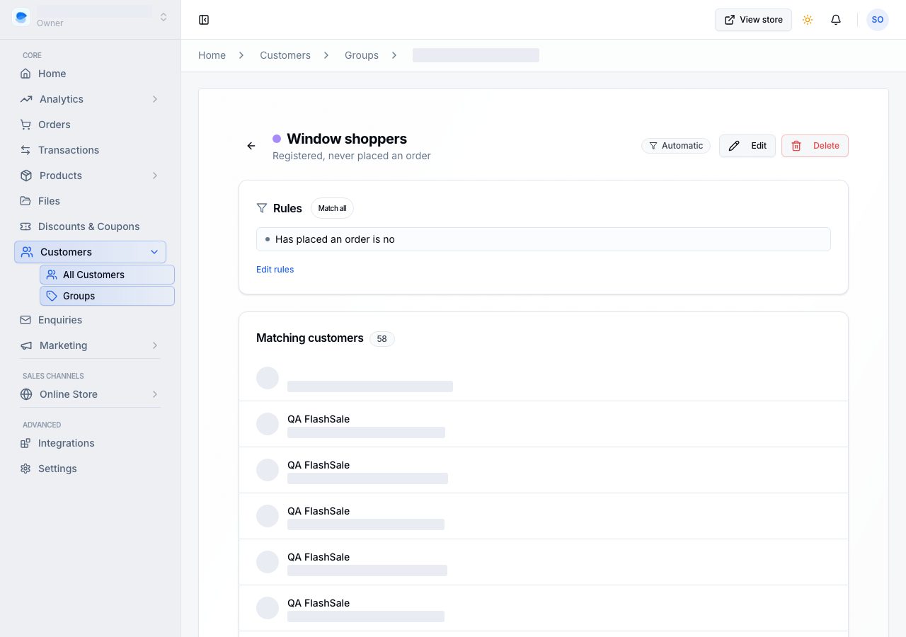 Inside an automatic group: its rule, and the customers matching it today
