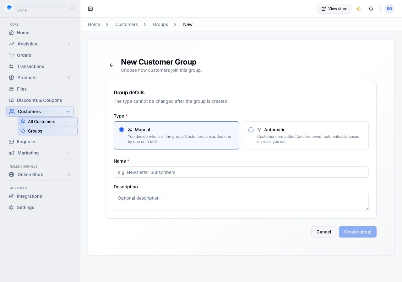 The new group form: manual or automatic, name and description