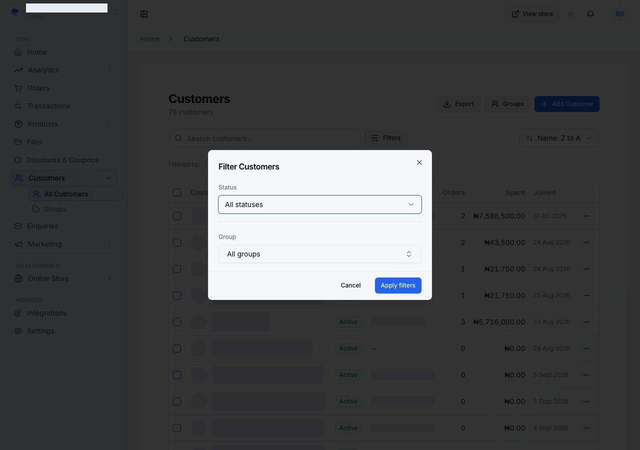 Filtering the list by status and group