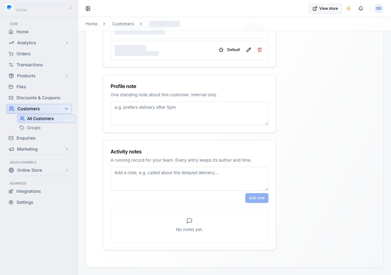 The addresses card, the profile note and the activity notes