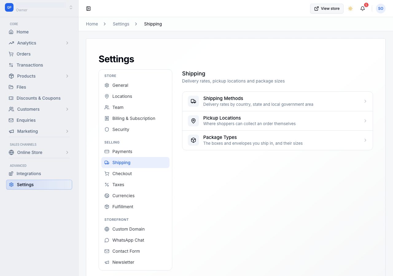 Settings, Shipping: Shipping Methods, Pickup Locations and Package Types