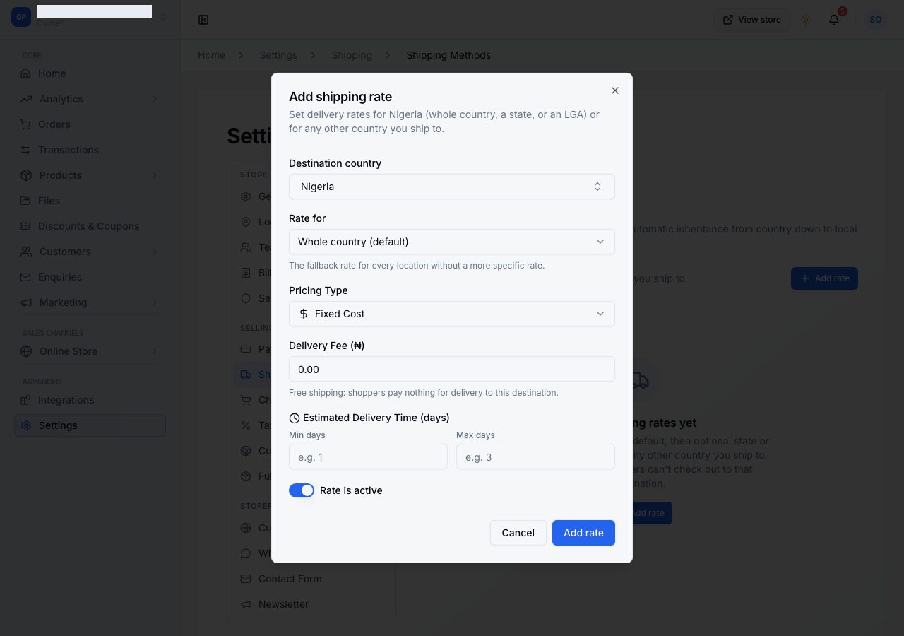 Add shipping rate: destination country, rate for, pricing type, delivery fee and estimated delivery time