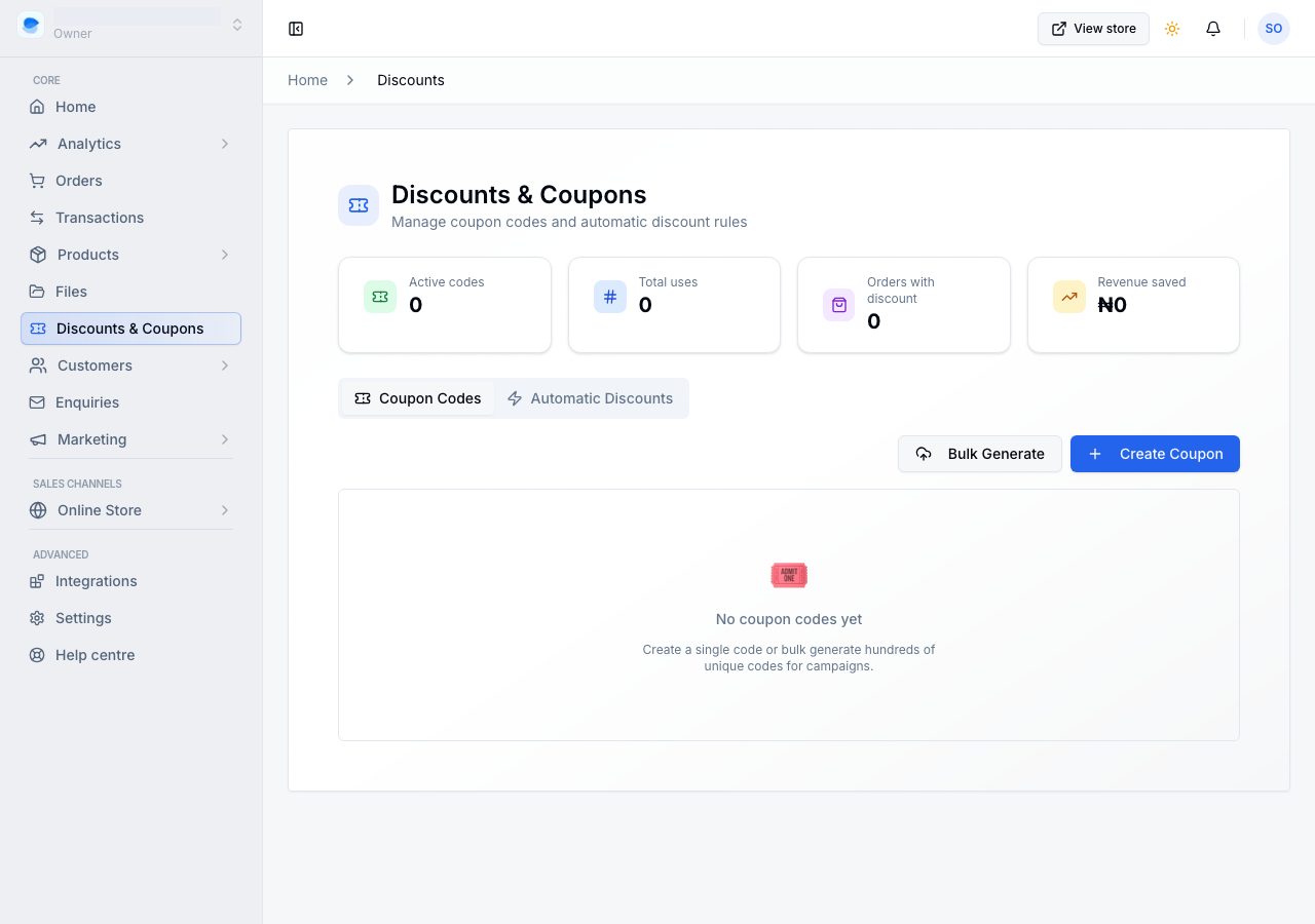 The Discounts and Coupons page, with its figures and its two tabs