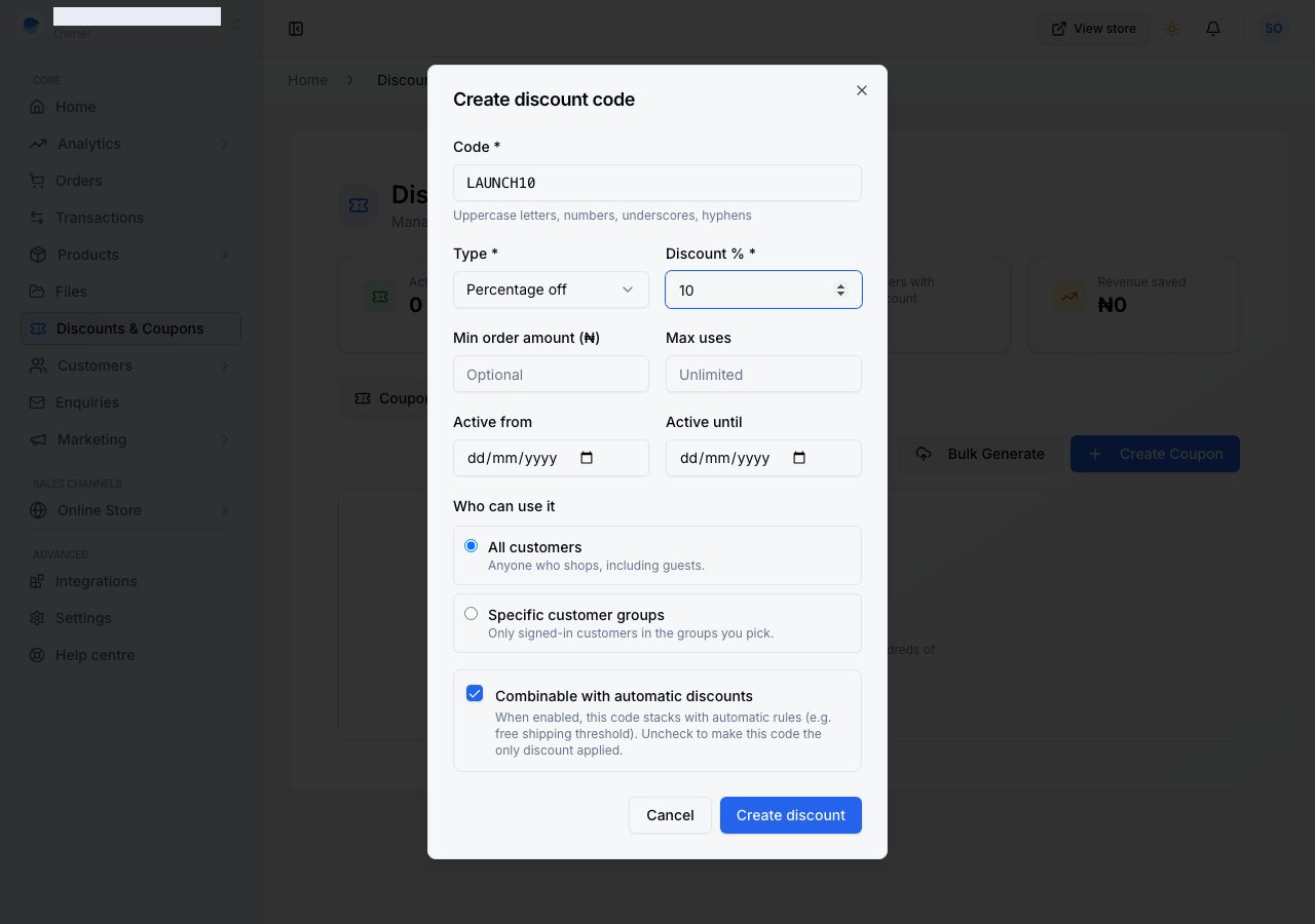 The Create discount code dialog