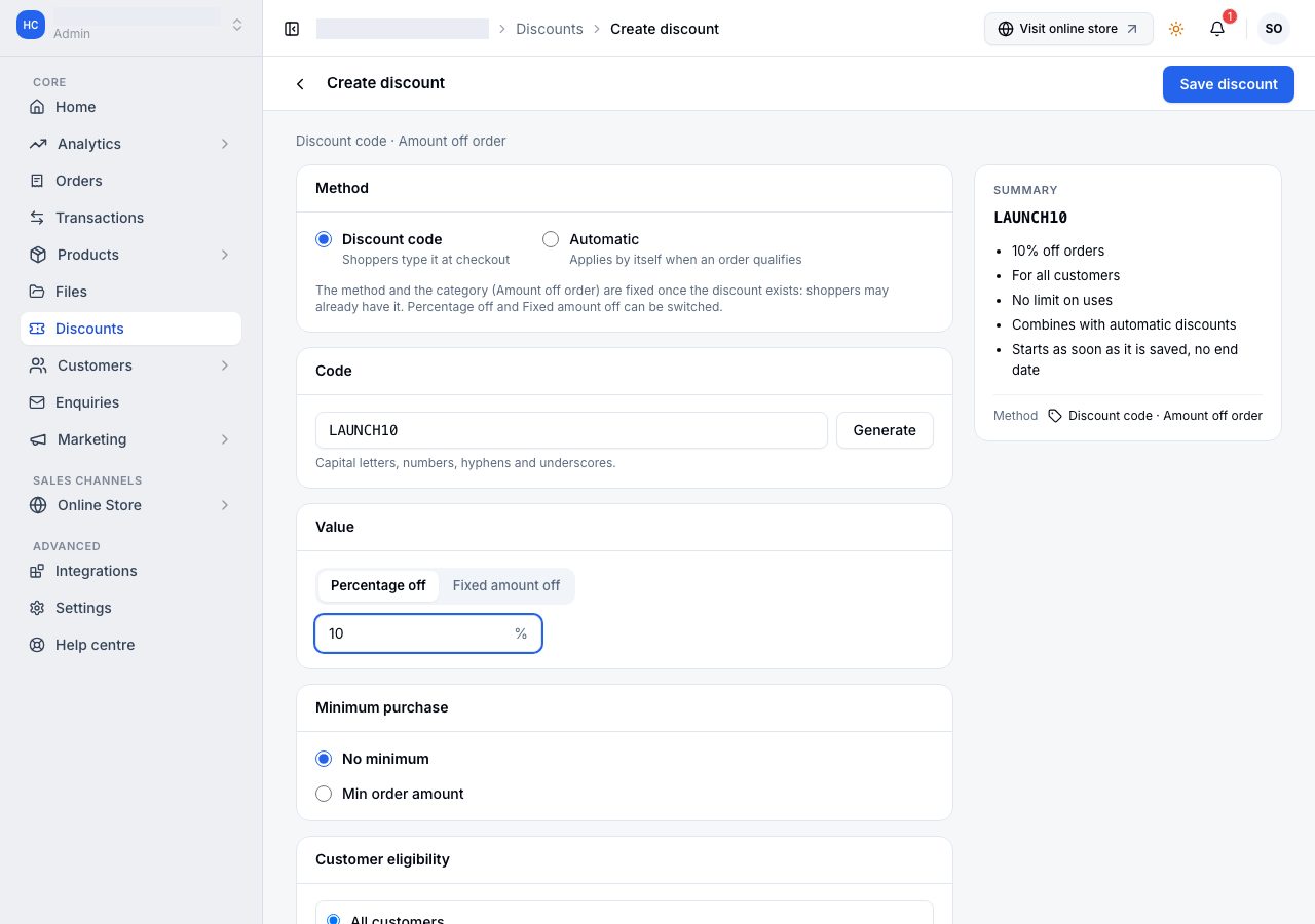 A new discount code, LAUNCH10 at 10% off, with the summary beside it