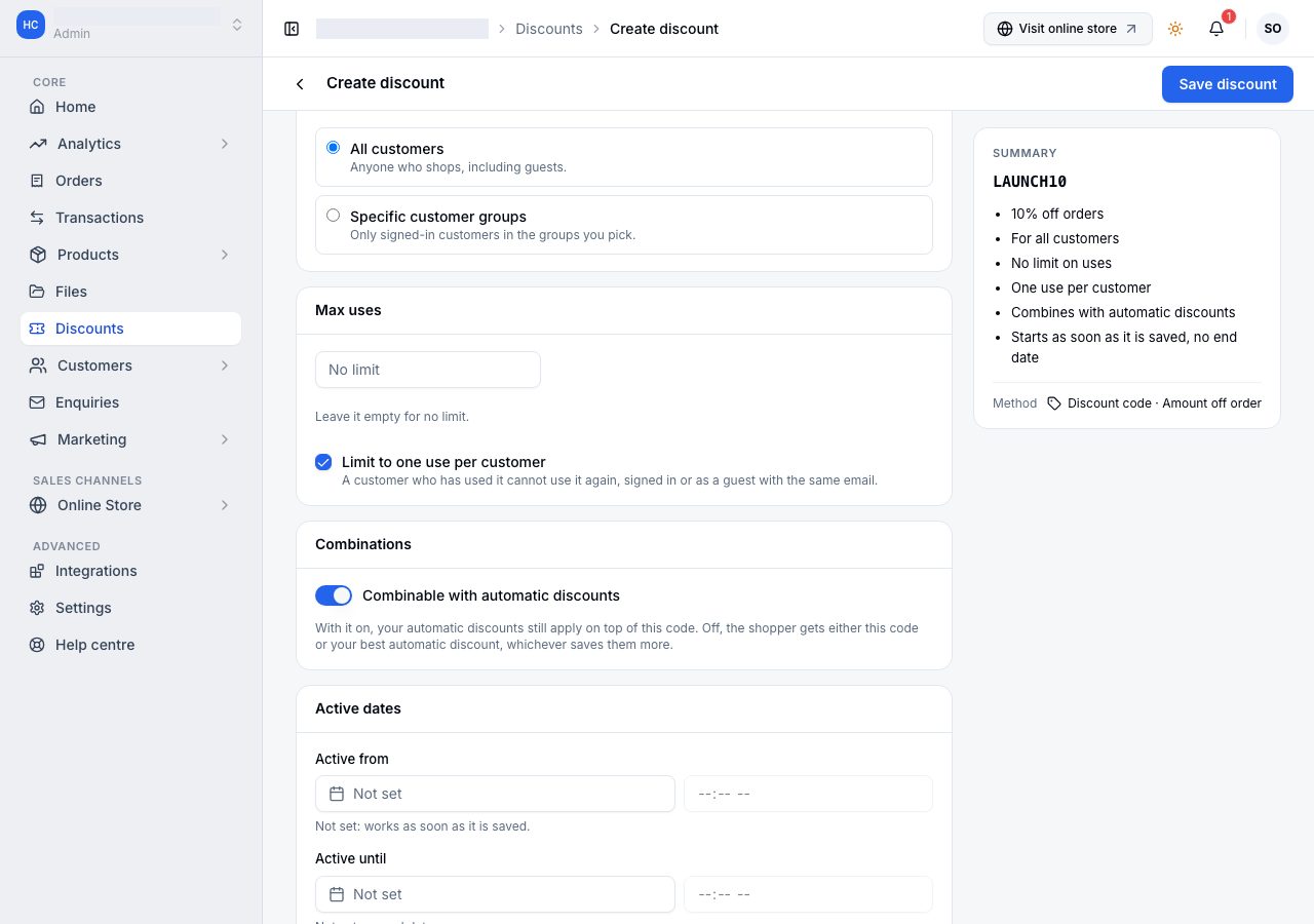 Max uses, with Limit to one use per customer ticked
