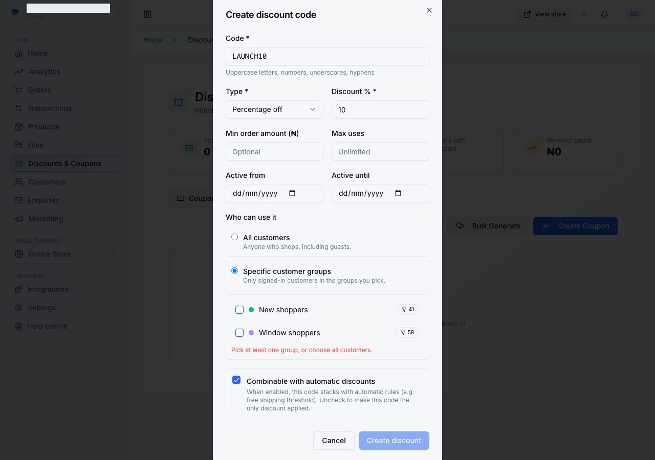 Limiting a code to particular customer groups