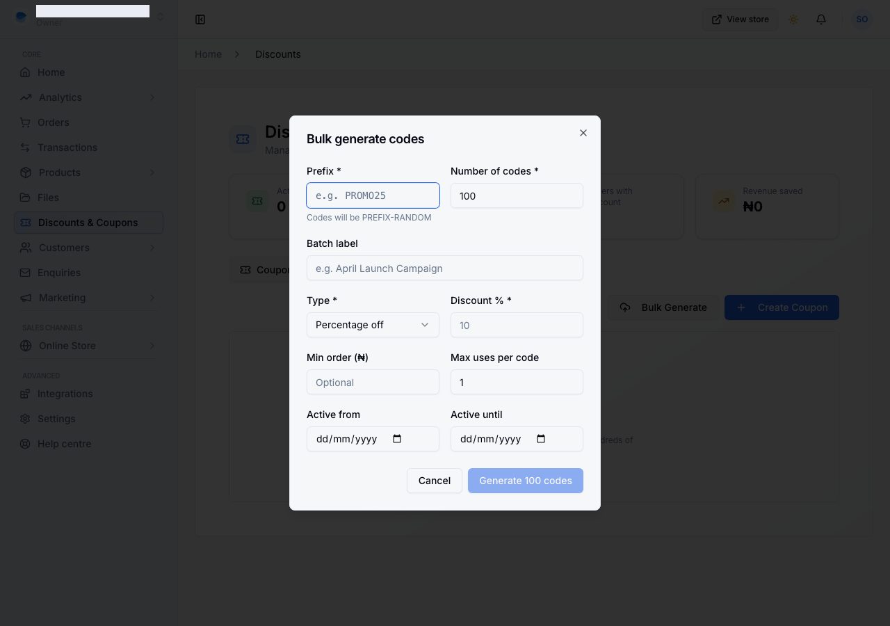 The bulk generate dialog