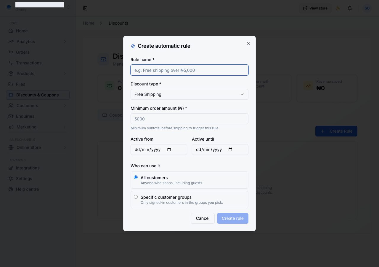 Creating a free shipping rule with a minimum order