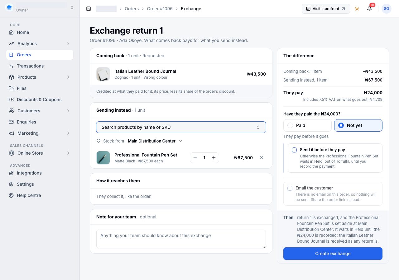 The exchange page: the journal coming back, a pen set going instead, and the difference the customer pays