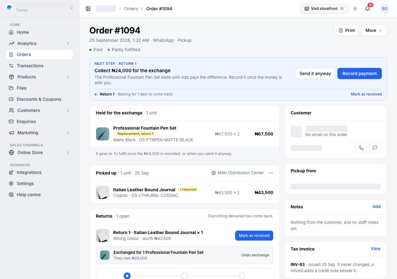 The order while the customer owes the difference: the replacement held, and Record payment