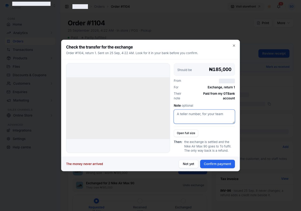 Checking the transfer for the exchange