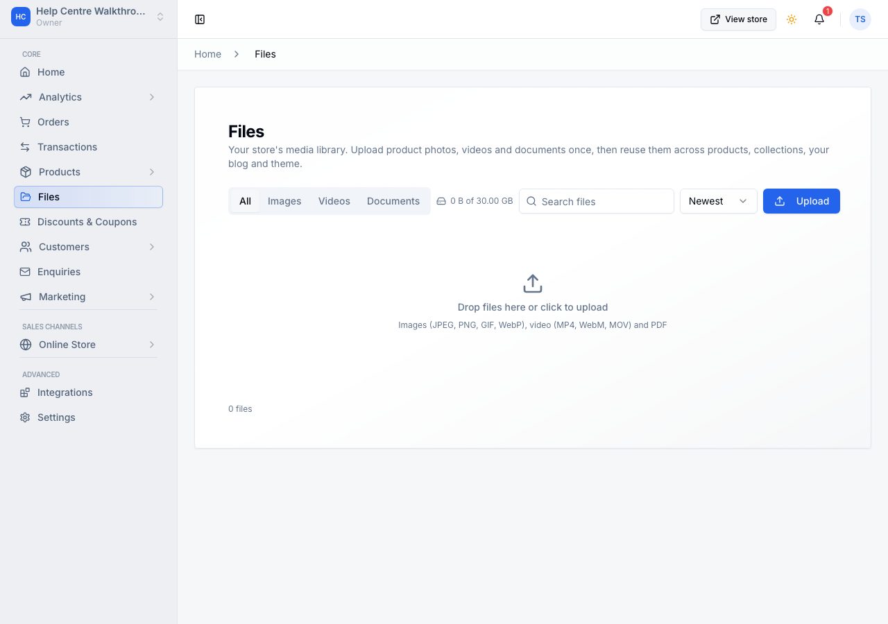 The Files page on a new store