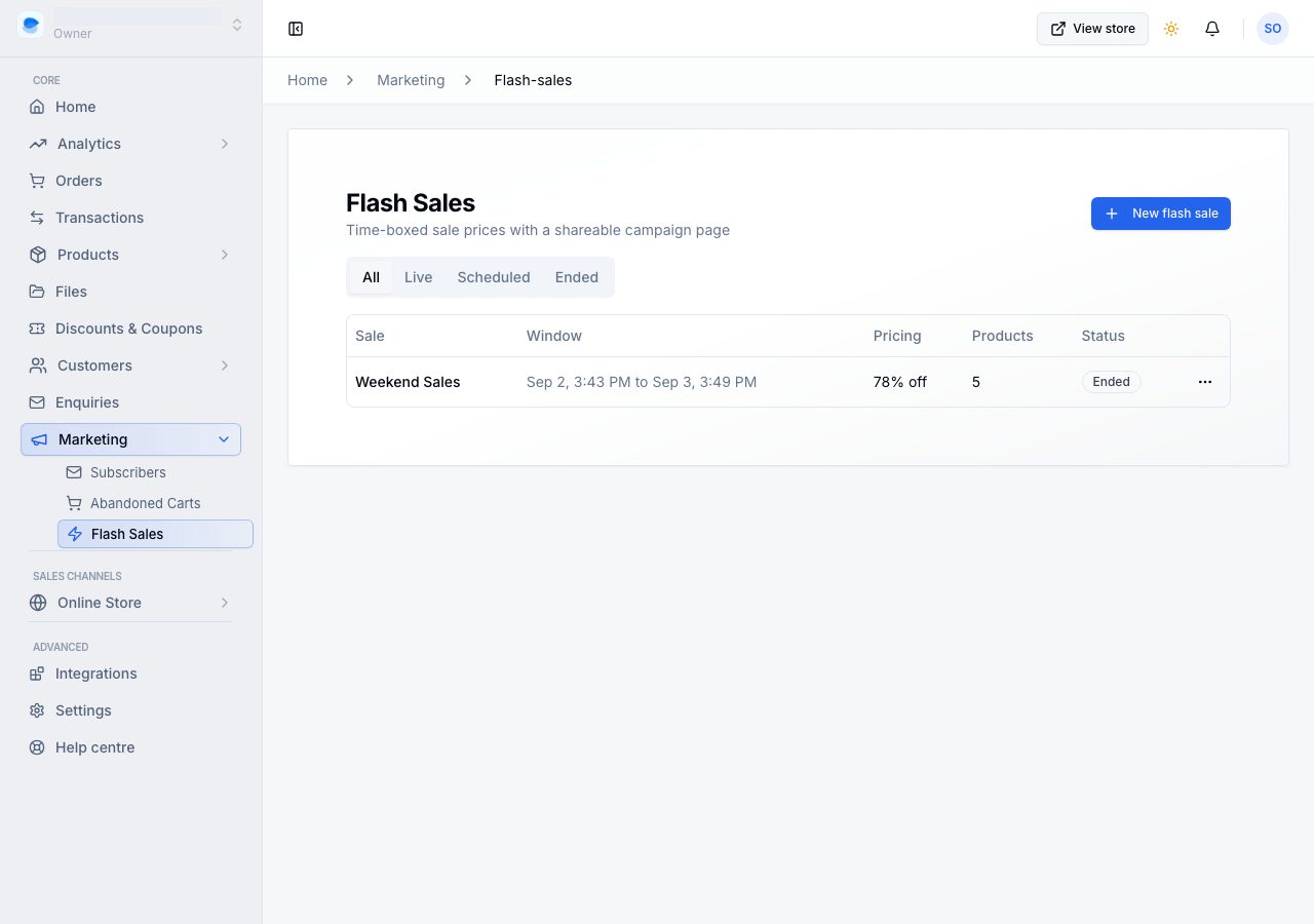 The flash sales list, with each sale's window, pricing and status