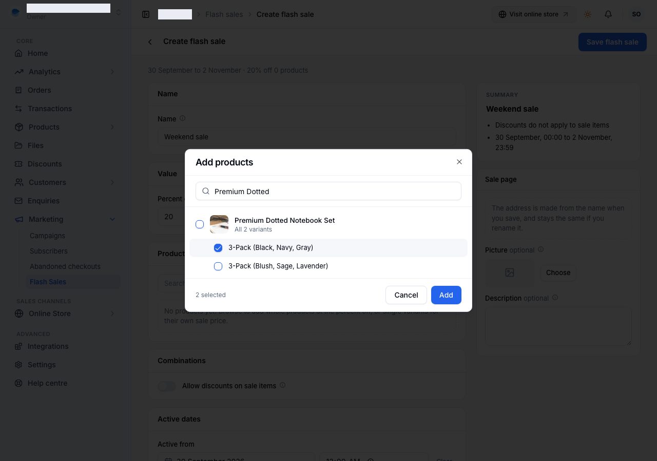 Browse, with a product ticked whole and one variant ticked on its own