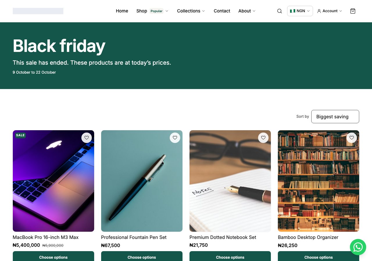 A sale's page on the storefront