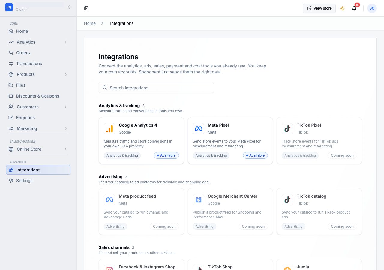 The Integrations hub, with connectors grouped by purpose