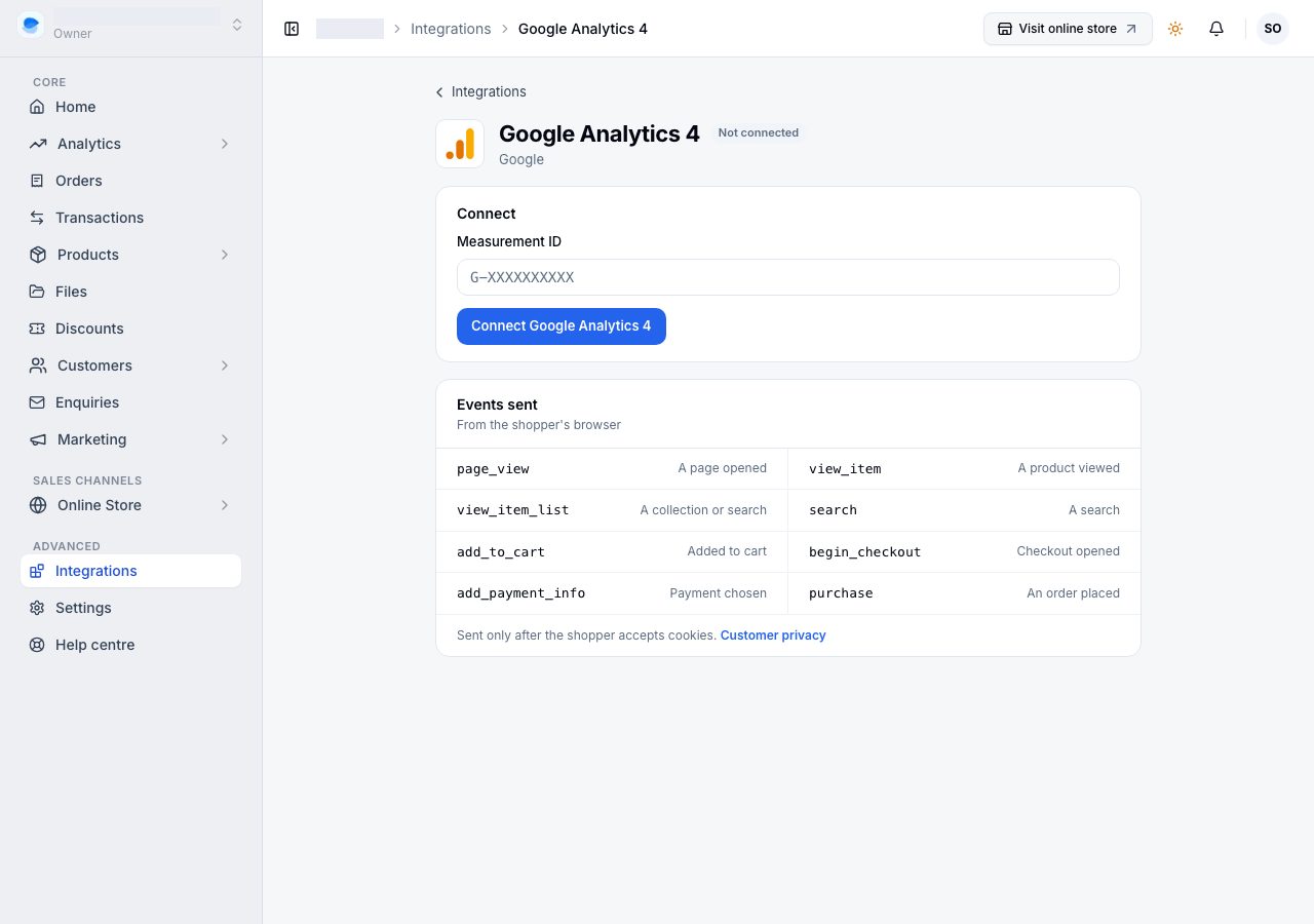 The Google Analytics 4 page in Integrations