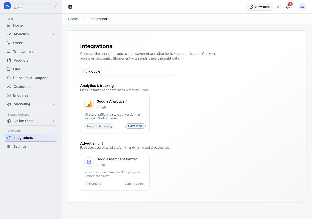 The hub filtered to Google, showing the Google Analytics 4 card