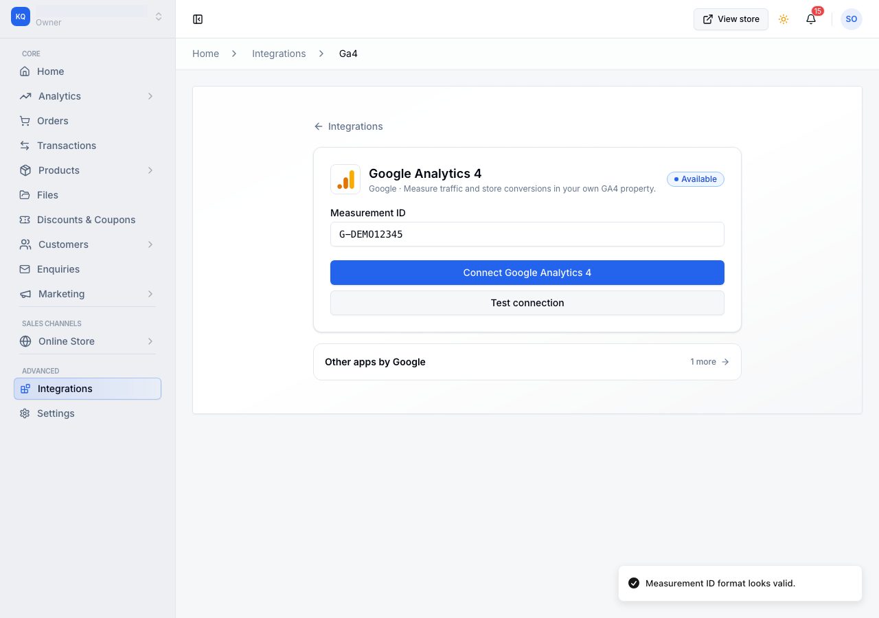 The setup page with a Measurement ID filled in and the format confirmed
