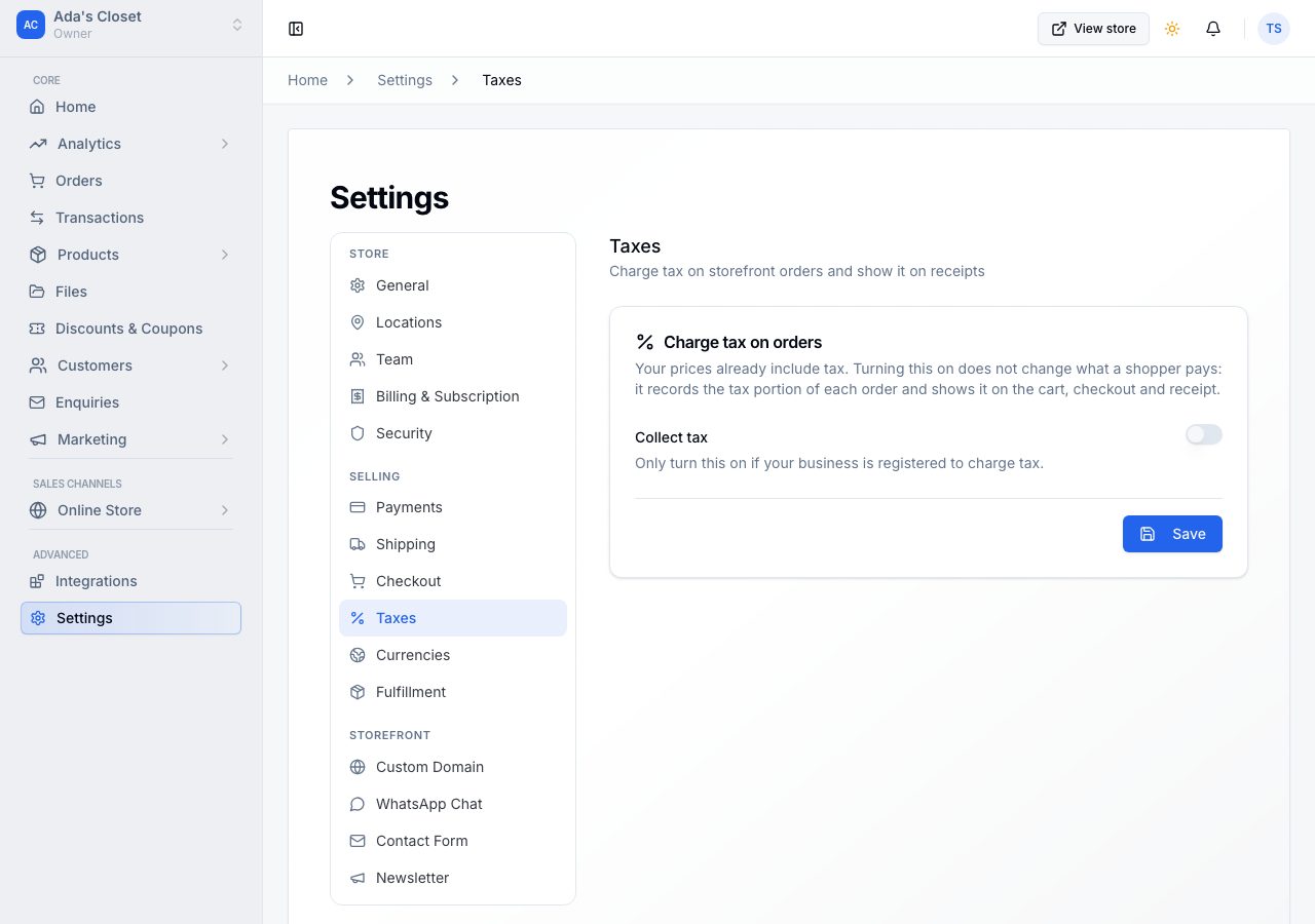 Settings, Taxes, with tax off