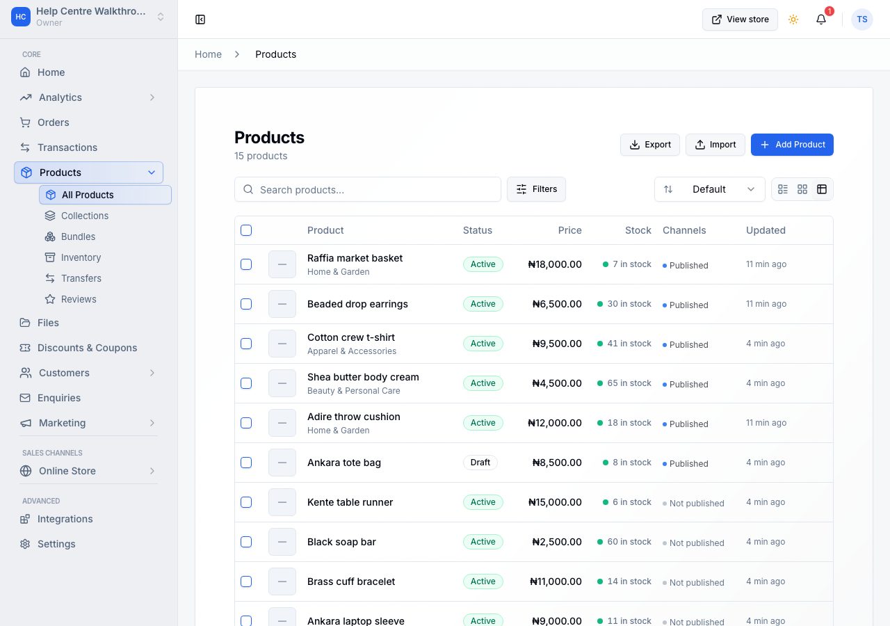 The Products page, with Export, Import and Add Product
