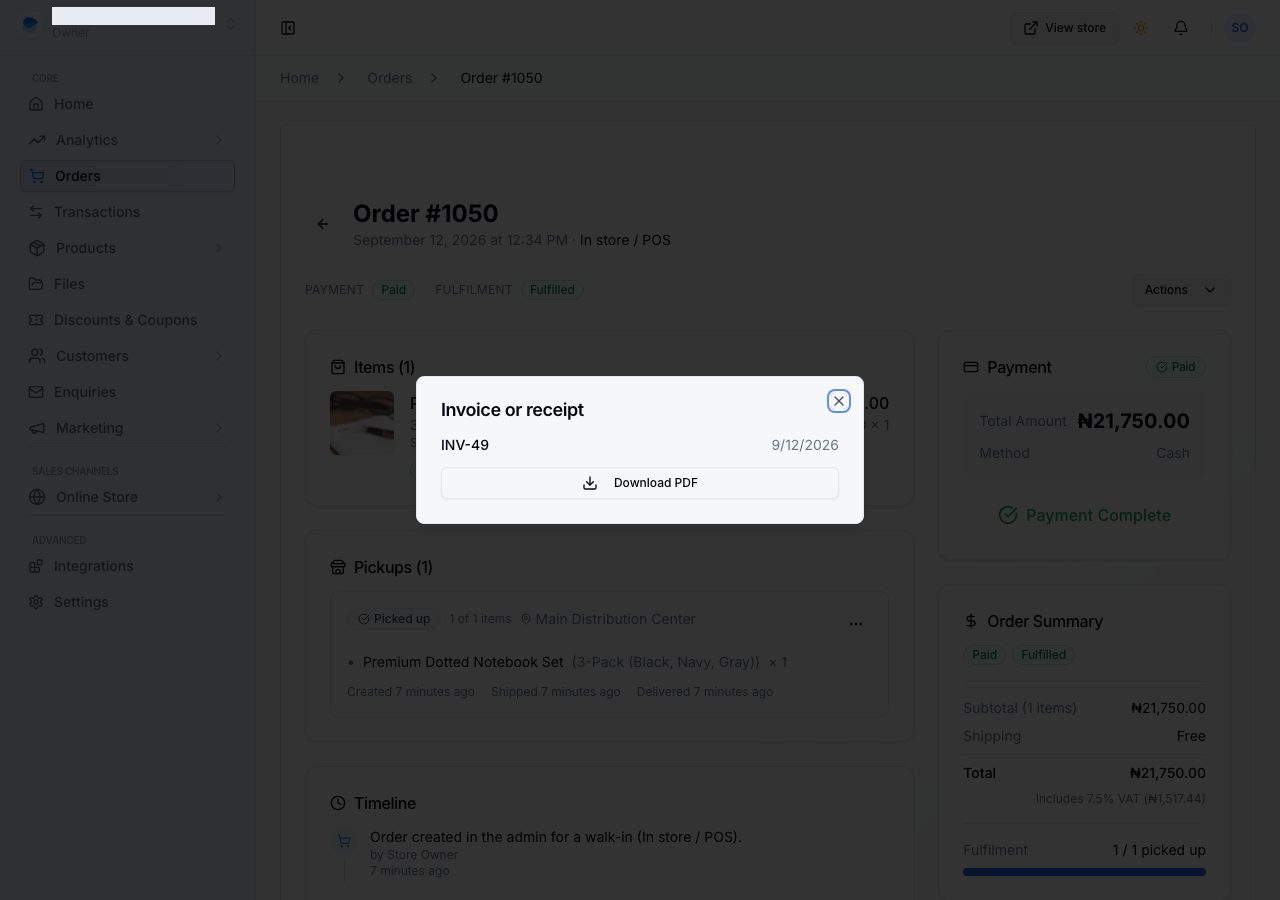 The document panel on a paid order, with its number and Download PDF