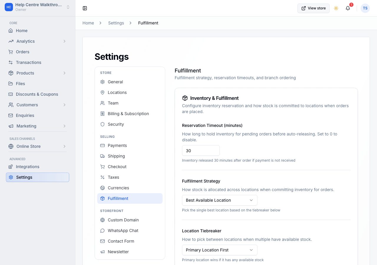The Fulfillment settings page