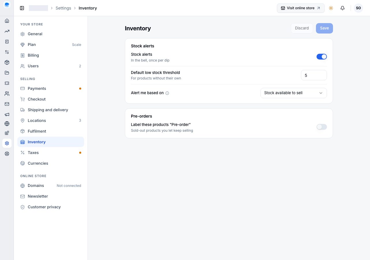 Settings, Inventory: Stock alerts, the threshold and what it watches