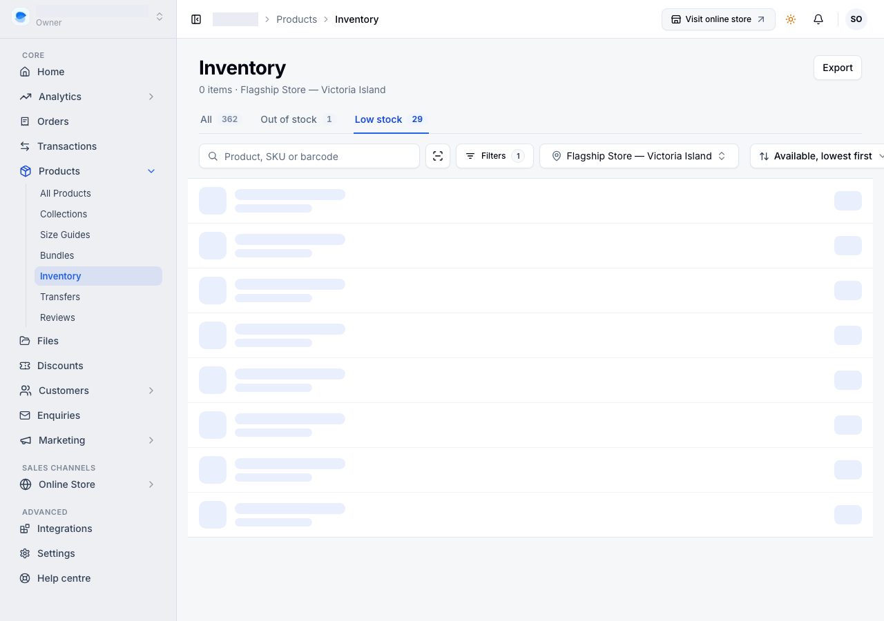 The inventory page's Low stock view