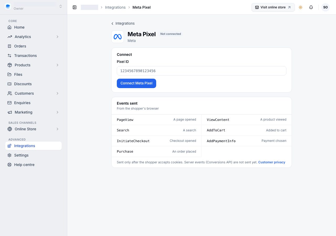 The Meta Pixel page in Integrations