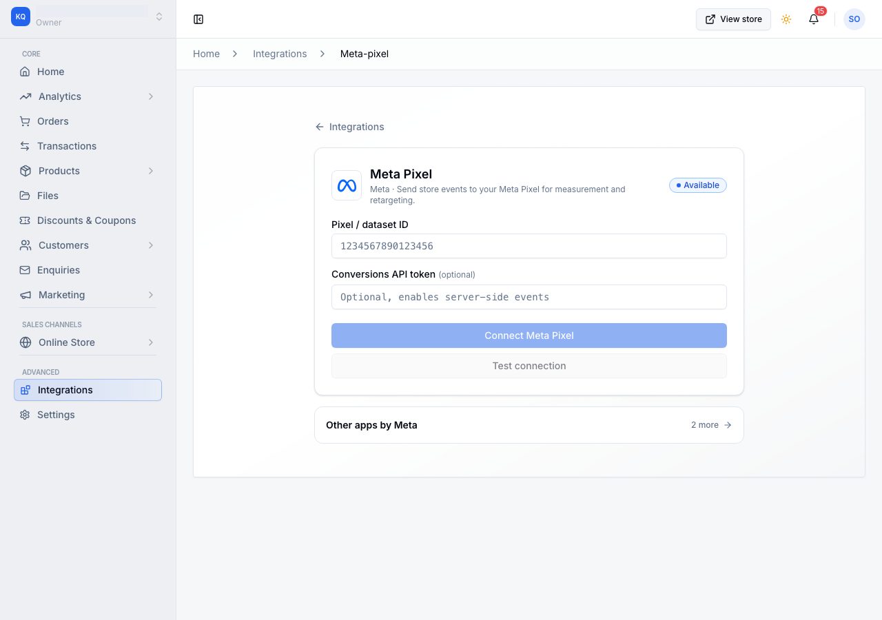 The Meta Pixel setup page, with the pixel and token boxes empty