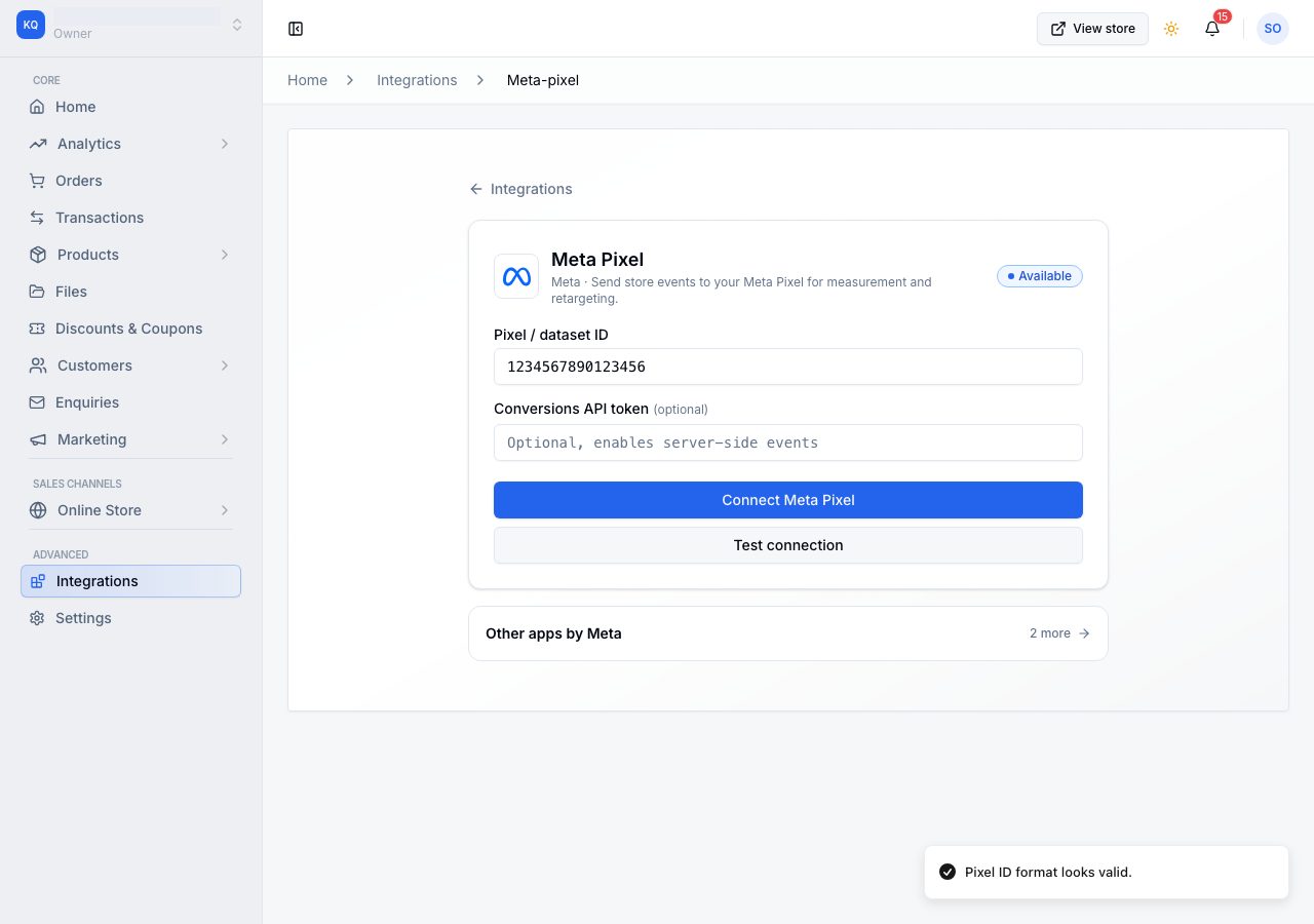 The setup page with a Pixel ID filled in and the format confirmed
