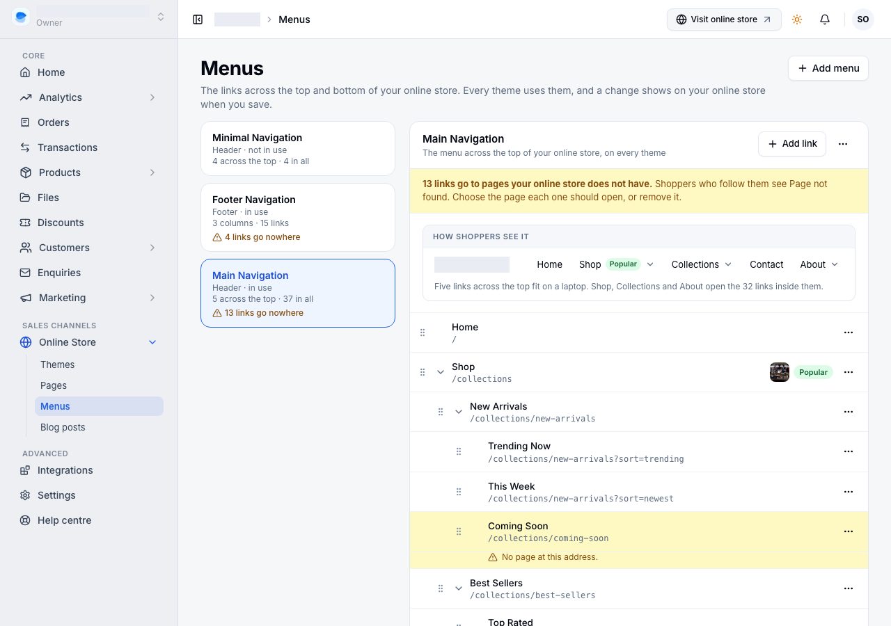 Menus, with the header menu open and what shoppers see across the top