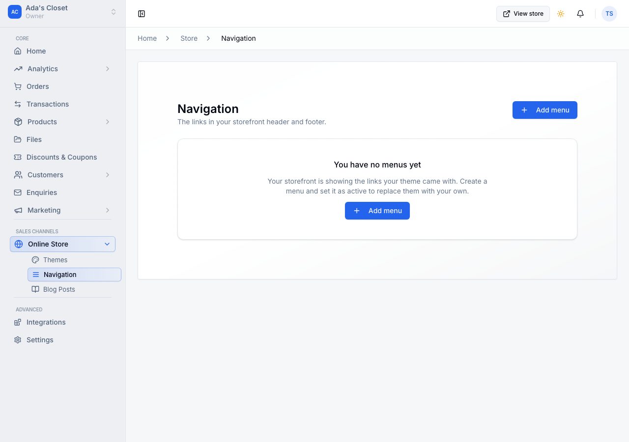 Navigation with no menus yet, explaining that the theme's links are showing
