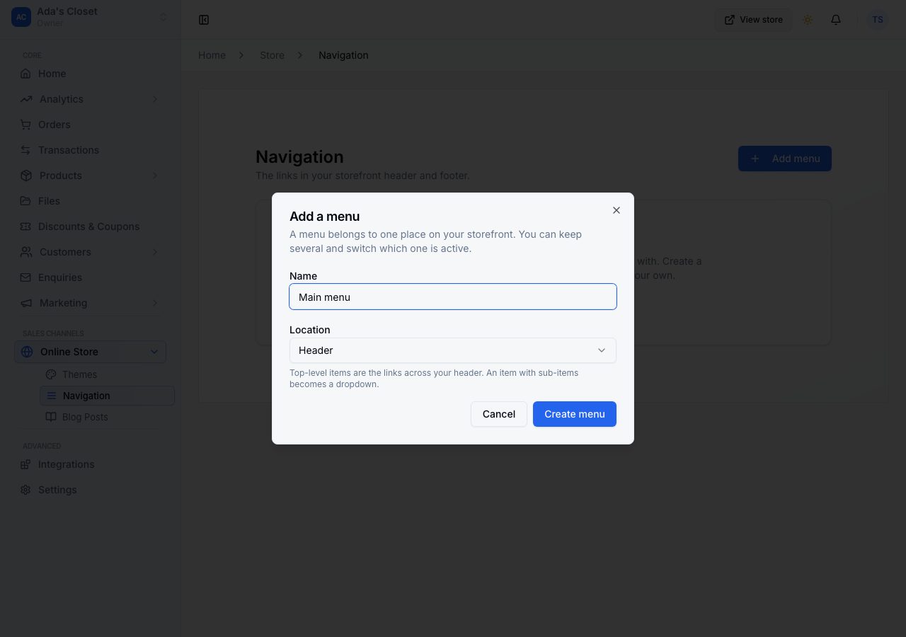 The Add a menu dialog, with a name and a location