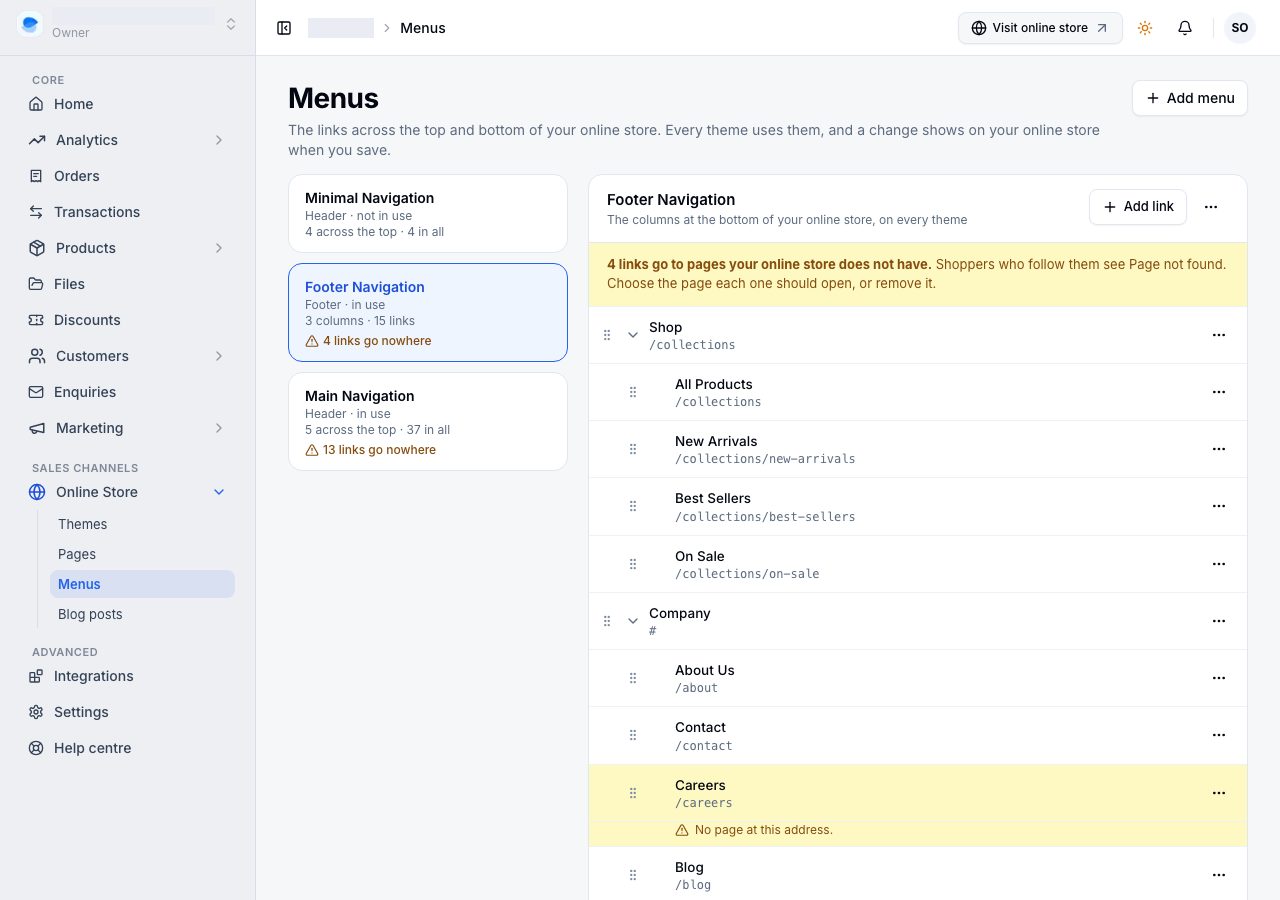 A footer menu with links that go nowhere, one with the page it probably meant