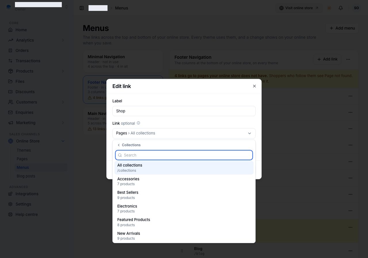 Edit link, with the Link list open on the store's collections
