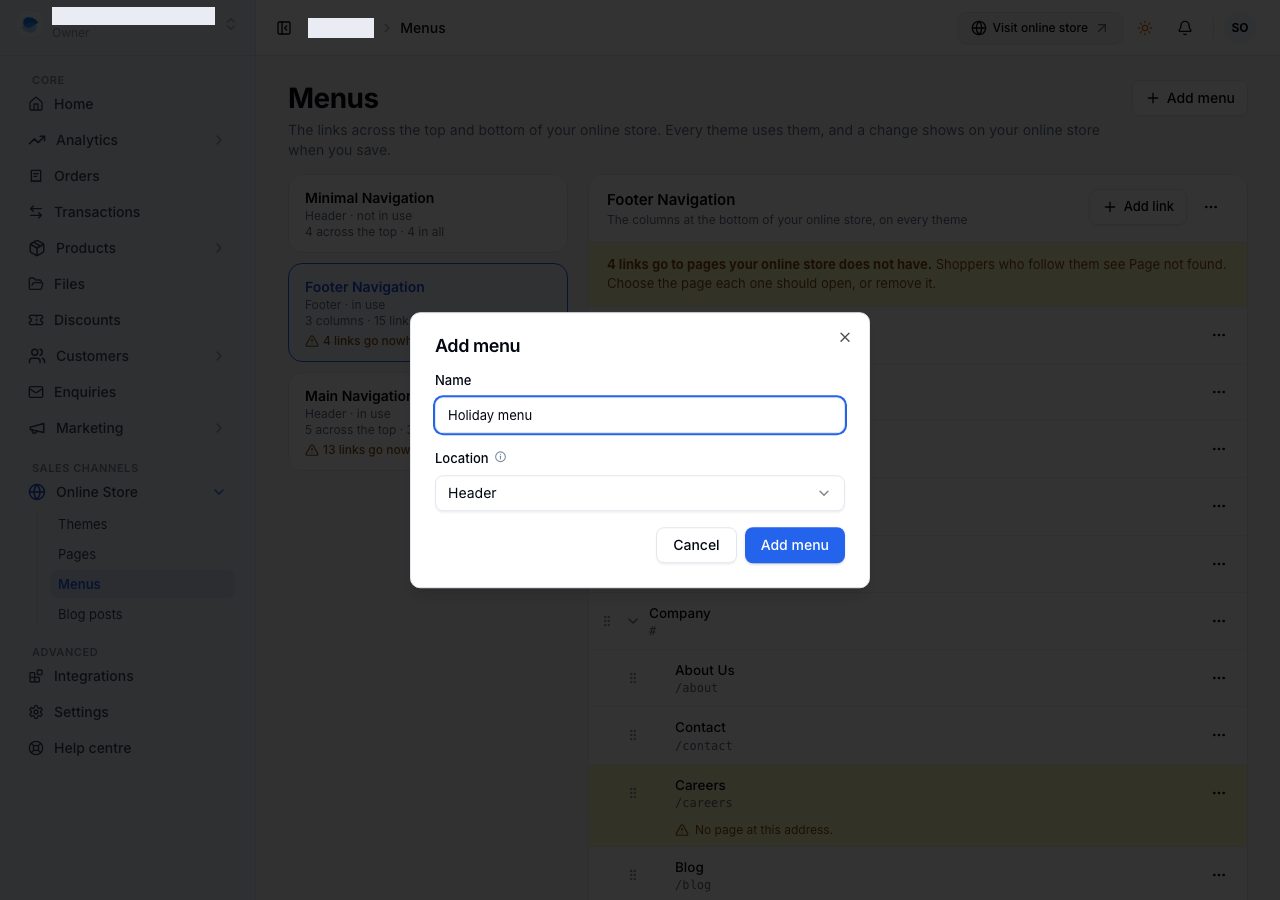 Add menu, with a name and a location