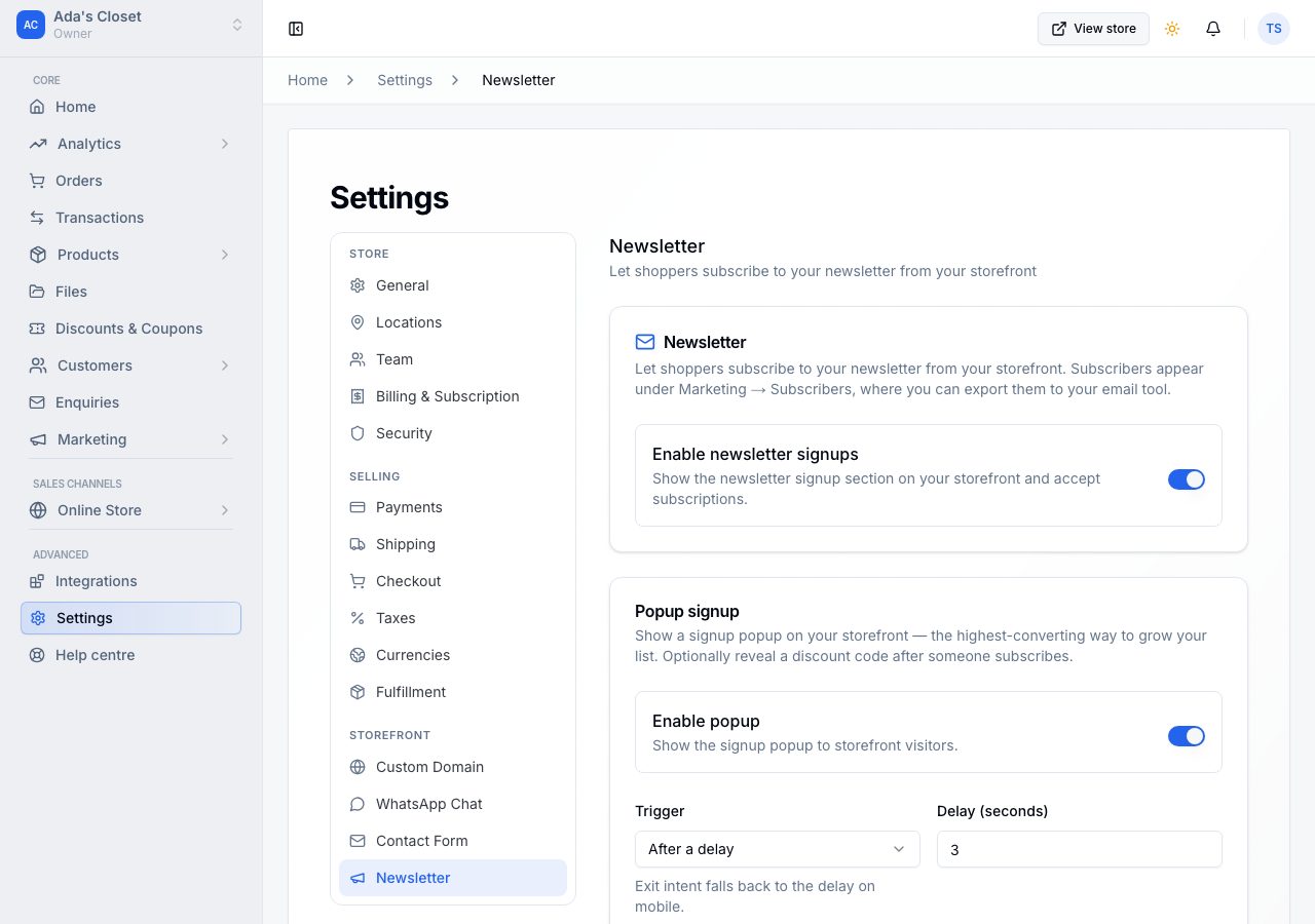 Settings, Newsletter, with signups enabled