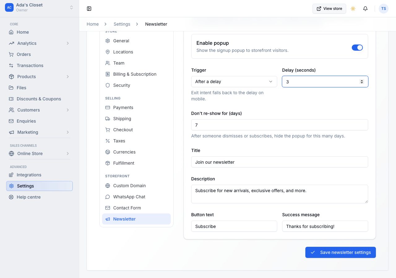 The popup settings: trigger, delay, how often it re-shows, and its wording