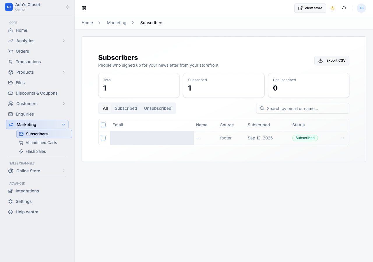Marketing, Subscribers, with one subscriber and the Export CSV button
