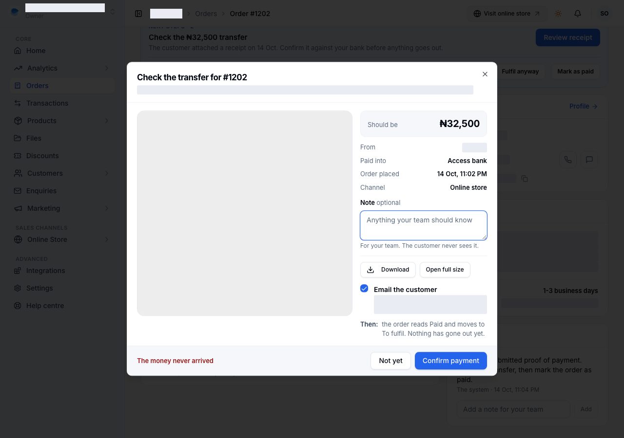 Check the transfer: the proof beside the amount, the customer's reference, your note, and Confirm payment