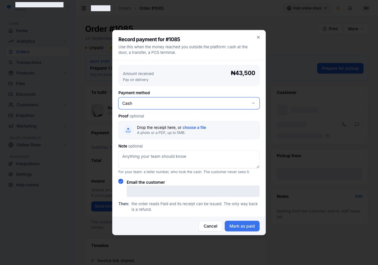 Record payment on a pay on delivery order