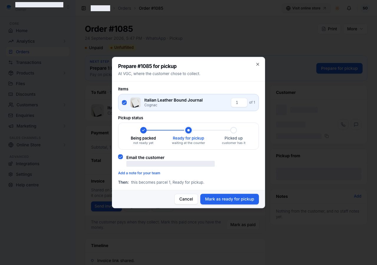 The fulfil dialog: the location in bold, what is going, how far it has got, and the email line